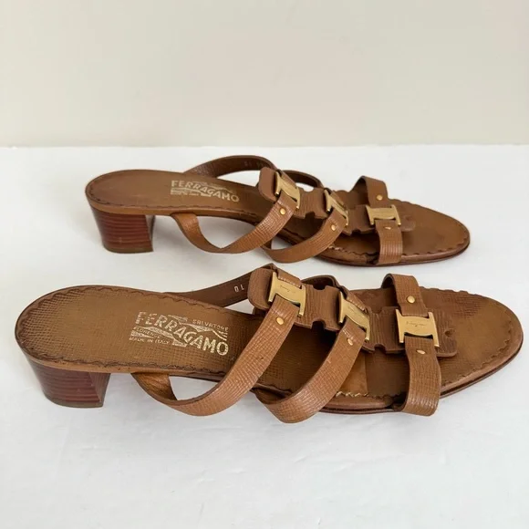 Salvatore Ferragamo Amatrice slide Leather Logo Buckle Block Heel Sandals 12 - Picture 11 of 15